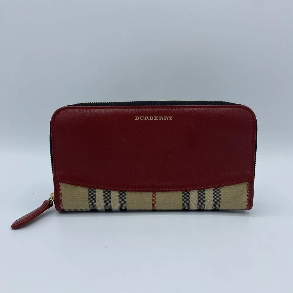 Burberry Elmore Wallet Clutch Purse Zip Around Haymarket House Check Nova Red - Picture 1 of 16